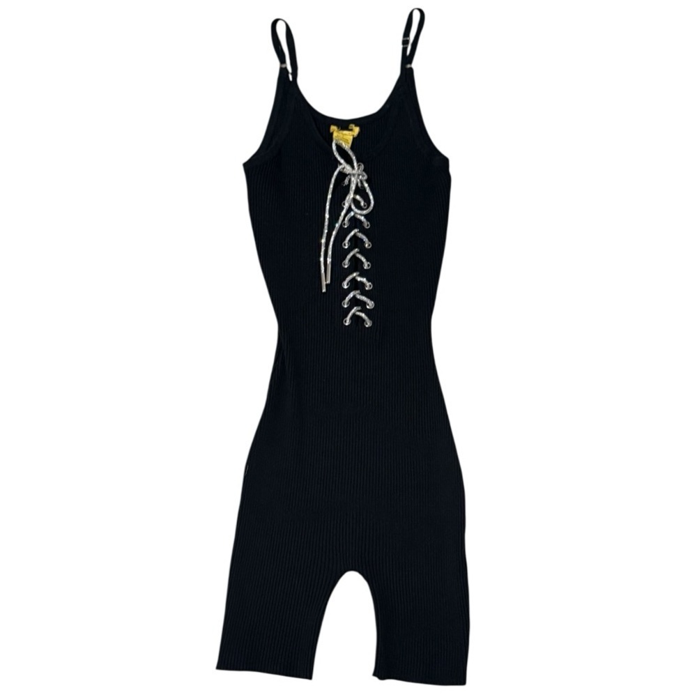 Black Ribbed Rhinestone String Shorts Romper Size S Sleeveless Sexy Tie Lace Up
